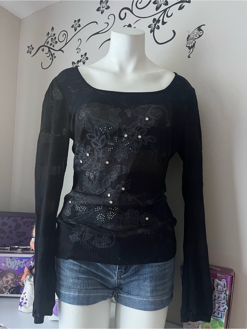 Y2k Trocotto Floral Embellished Scoop Neck Sweater in Brown